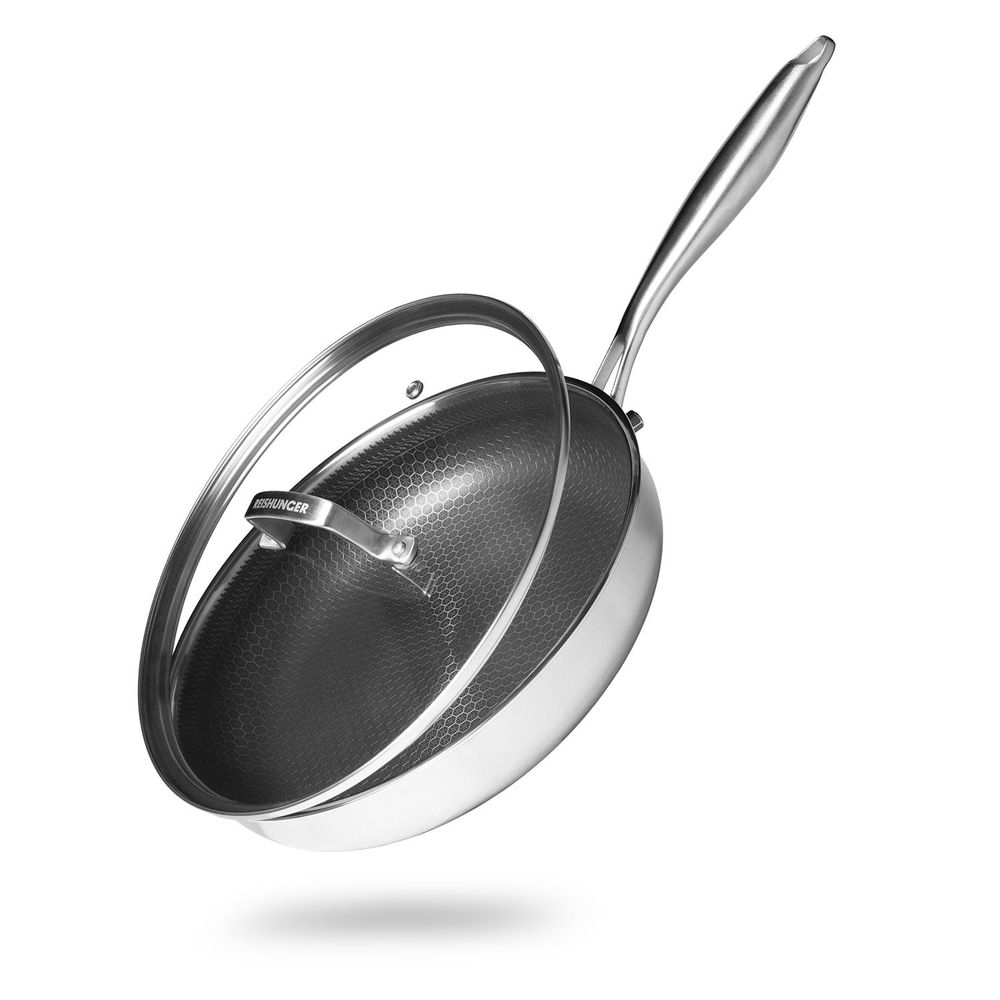 REISHUNGER Edelstahlpfanne beschichtet mit Deckel (⌀ 28 cm) - ofenfest bis 220 Grad - Perfekt für schonendes Braten auf allen Herdarten