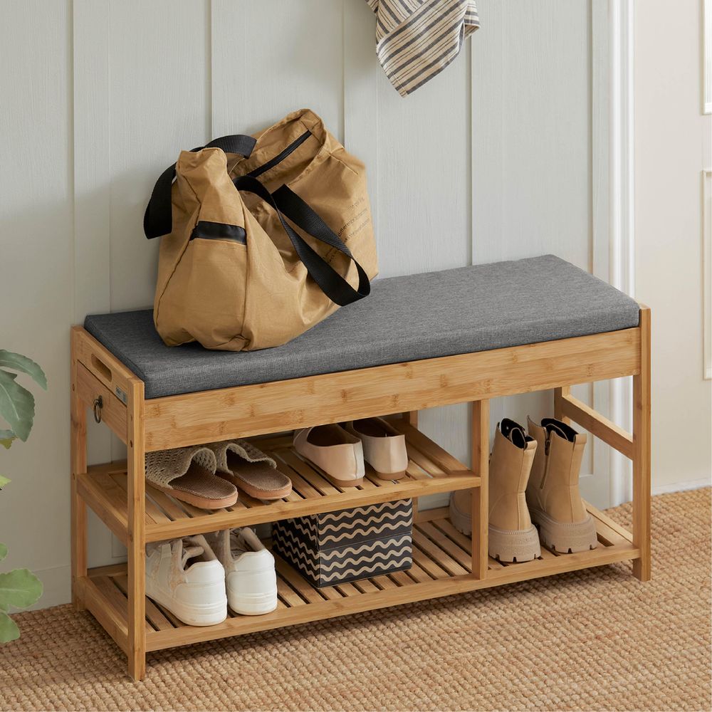SoBuy Schuhbank mit Sitzfläche und Schubladen Garderobenbank Schuhregal Sitzbank Bambus BHT ca. 90x45x30cm FSR47-N