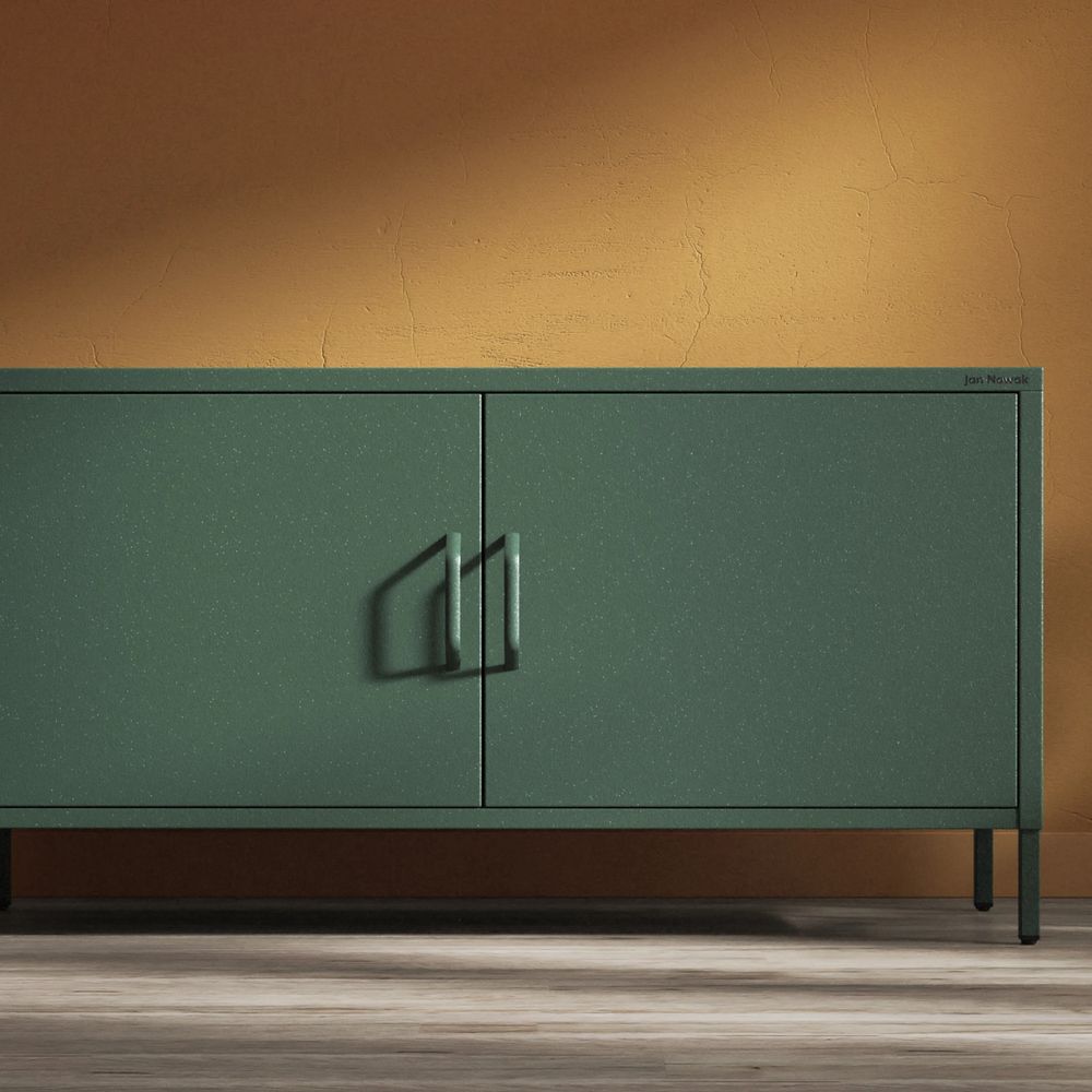 Jan Nowak Fernsehschrank ROSA TV Schrank für Wohnzimmer, Schlafzimmer Metall Fernsehtisch mit Türen und Stauraum, 115 x 59,5 x 40 cm, Flaschengrün