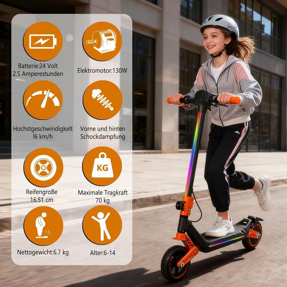 Elektroroller Für Kinder, Faltbarer E-scooter 16km/h, City Kinderroller Für Kinder 6-12 Jahren,10 km Reichweite, 130W, U8 Elektroscooter Orange