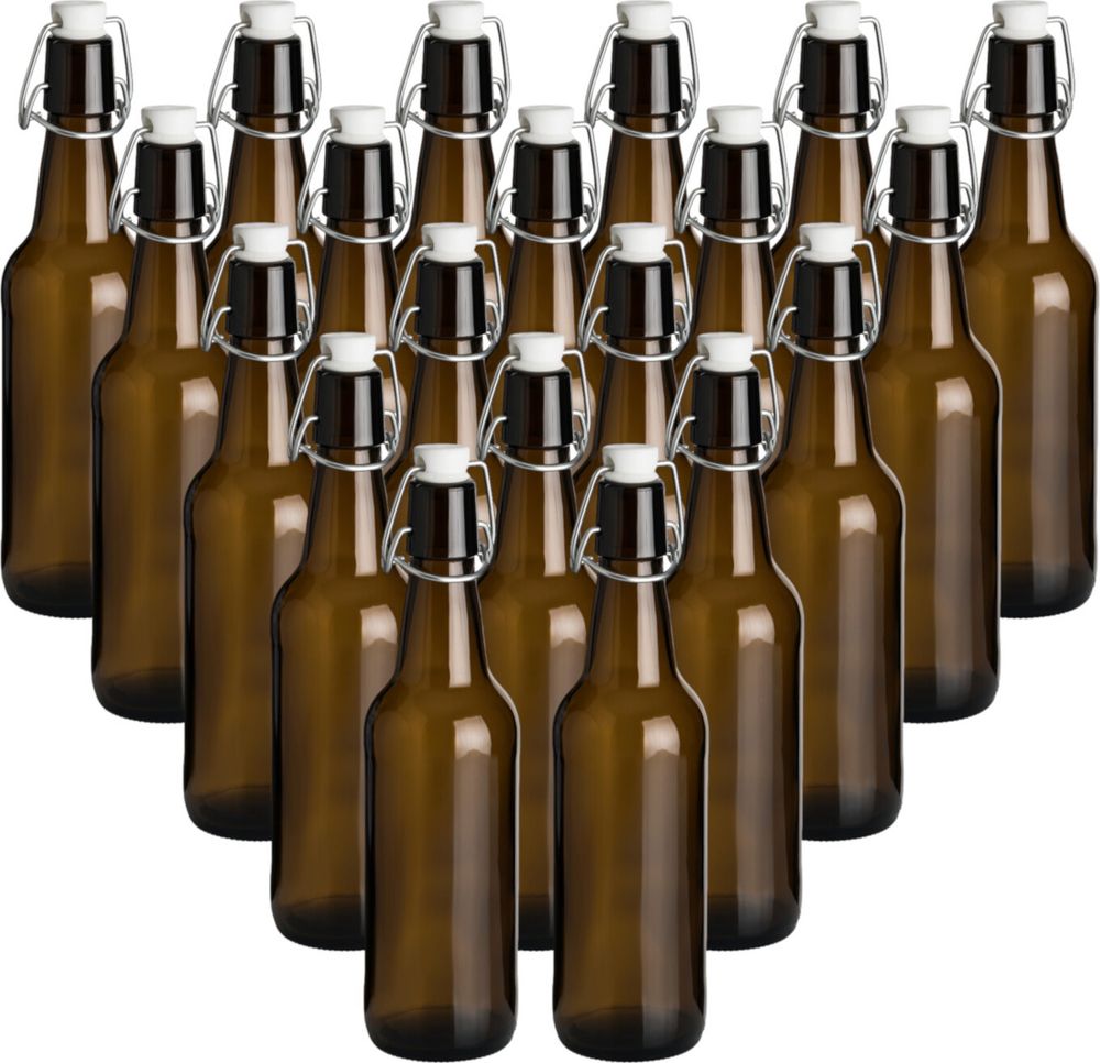 gouveo 20er Set Glasflasche 500 ml Antik mit Bügelverschluss - Bügelflasche 0,5 l aus Braunglas zum Befüllen - Bügelverschlussflasche