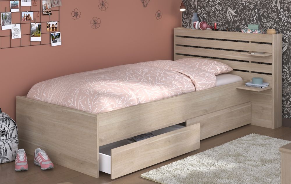 Stauraumbett "Escale" Einzelbett in Eiche, Bett mit Bettschubladen 90 x 200 cm