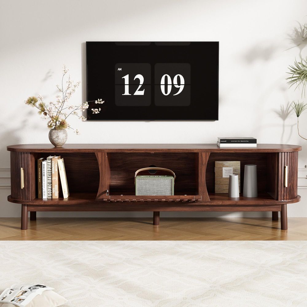 Merax TV-Schrank 165 cm mit Schiebetür und Klapptür, Retro Lowboard mit 3 Fächer aus MDF, Stauraum für 65 Zoll Fernseher, Braun