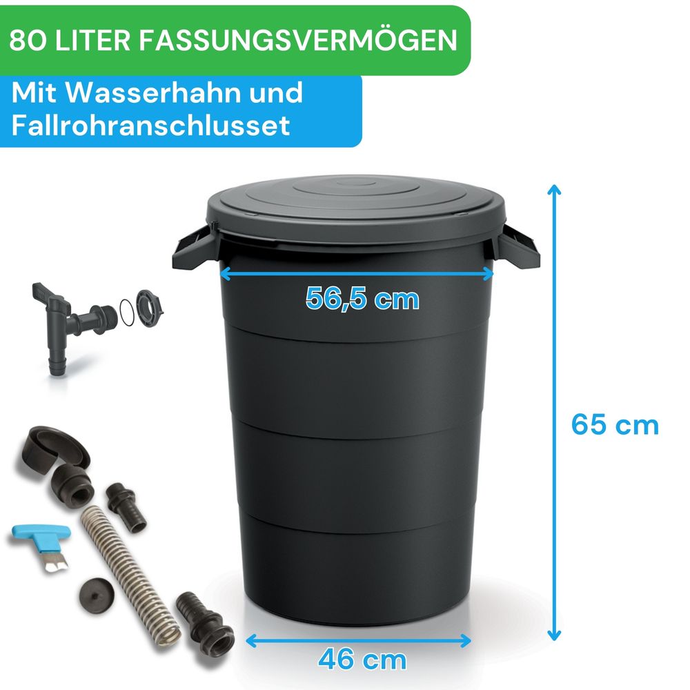 YourCasa Regentonne 80Liter [inkl. Anschlusset & Bohrer] Regenfass Wetterfest aus Kunststoff mit Wasserhahn