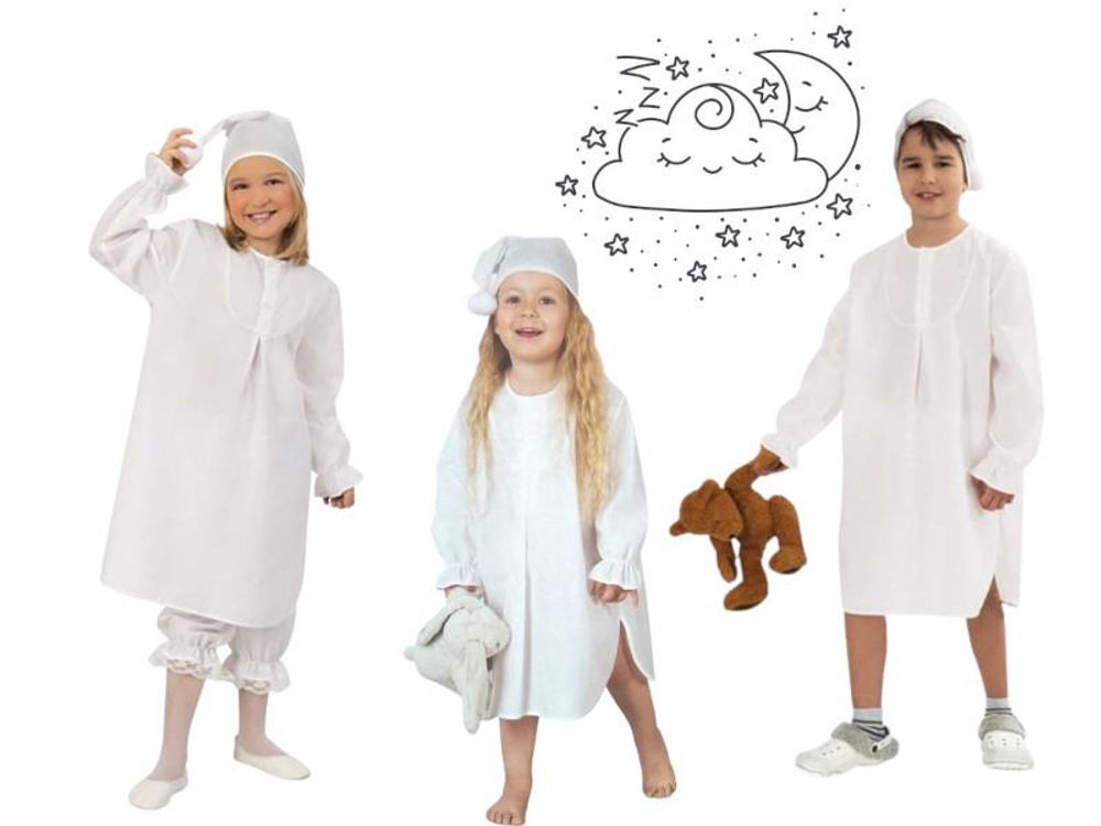 Kinder-Kostüm Nachthemd, langes Schlafhemd weiß mit passender Mütze (104/116)