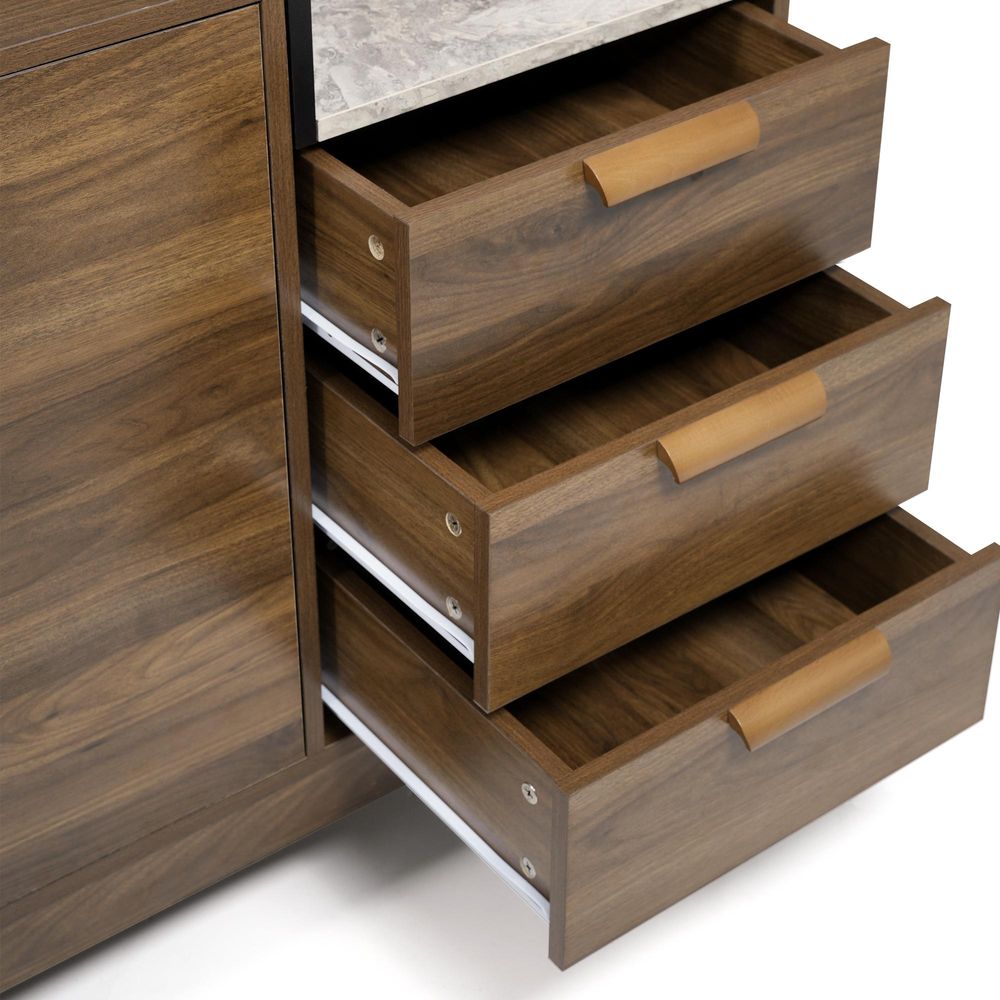 Flieks Kommode Wohnzimmerschrank mit Schubladen und offenem Staufach, Anrichte Sideboard mit Tür und verstellbaren Einlegeböden, Oak