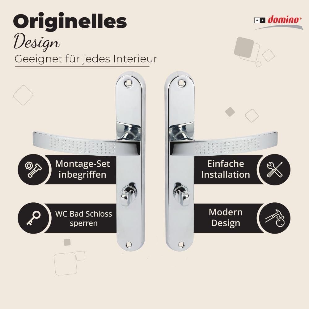 Domino Türdrücker-Garnitur TOPAZ Langschild – Bad/WC Verriegelung – Chrom Glänzend – Moderne Türklinke für Badezimmertüren