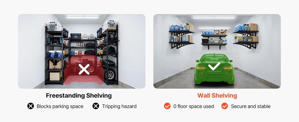 VEVOR 2-stufige Schwerlast-Wandregale für die Garage, 50 x 122 cm Stahl Wandmontierte Regaleinheit, 500 x 1219 mm pro Regal Schwimmendes Lagerregal aus Metall für die Garage mit 254 kg Gesamttragfähigkeit, Schwarz, 24 x 36 in