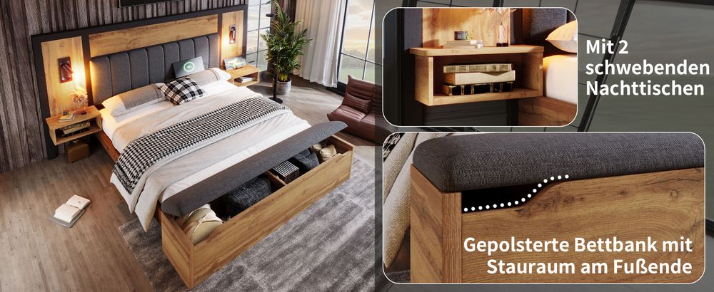 okwish Polsterbett 180×200 mit Leselampe und Nachttisch, Doppelbett mit USB und Sitzbank, Funktionsbett,Eiche,ohne Matratze