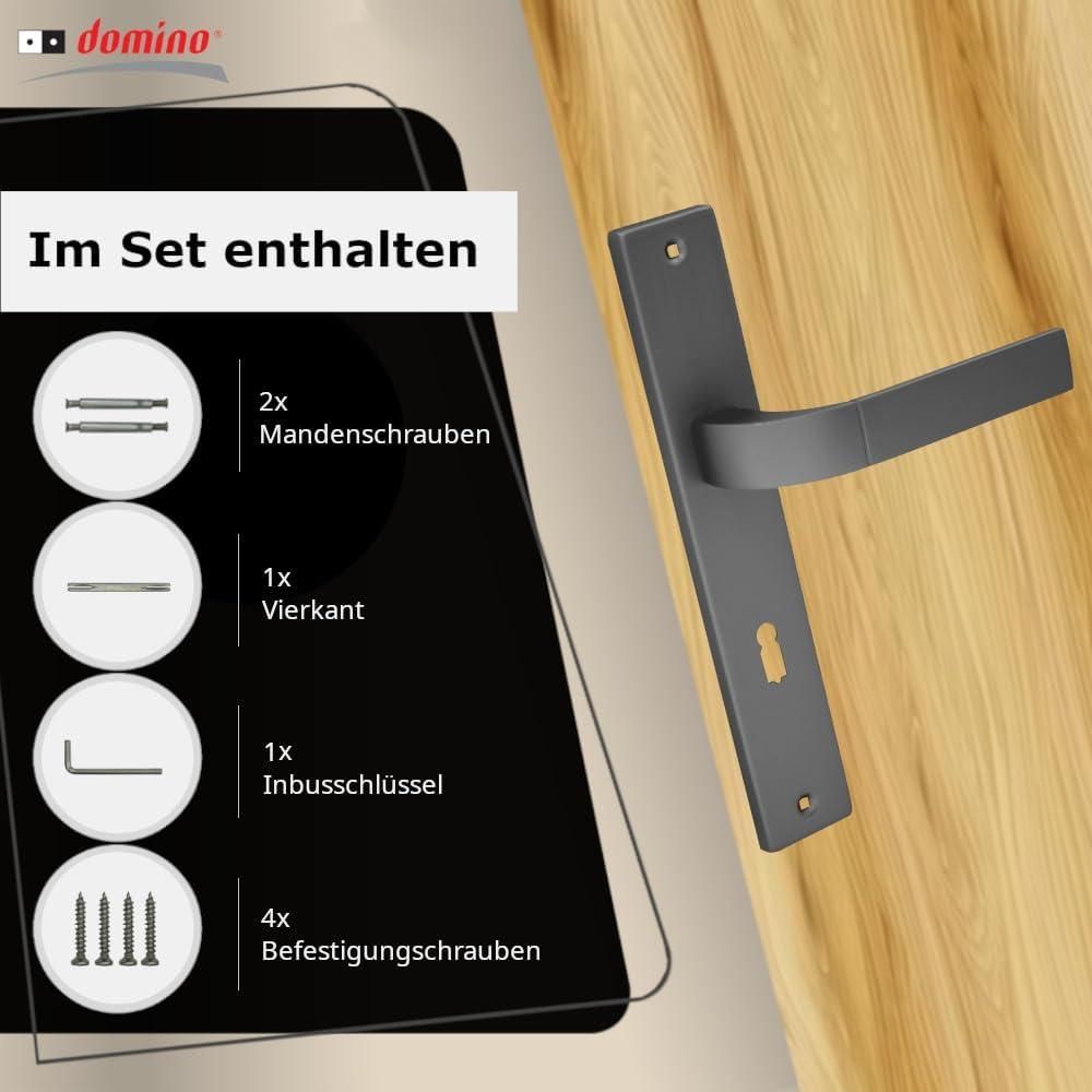 DOMINO Türgriff 72 Drückergarnitur BB-Buntbart Set | Langschildgarnitur | Türklinke für Zimmertür, Bürotür, Kellertür & Innentür | L-Form | Türbeschläge aus Aluminiuml | Titan Türdrückergarnitur |  FOKUS M8