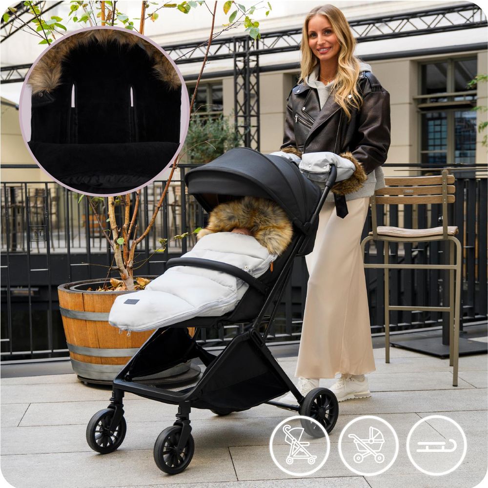 MoMi COZY – Universal-Fußsack für Kinderwagen, Fleece-Innenfutter, beidseitiger Reißverschluss & Kapuze mit Ohren – Schwarz