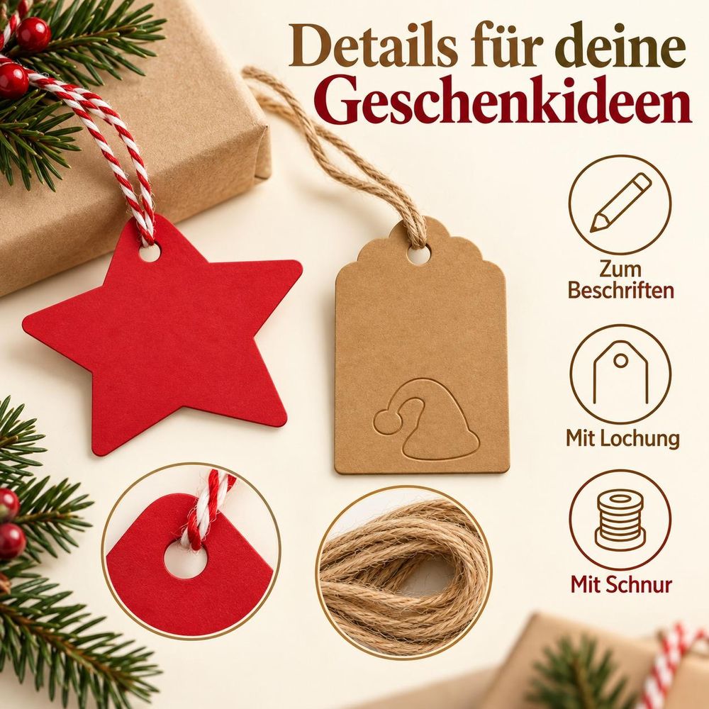 Detailansichten von Anhängerform, Lochung und Schnur