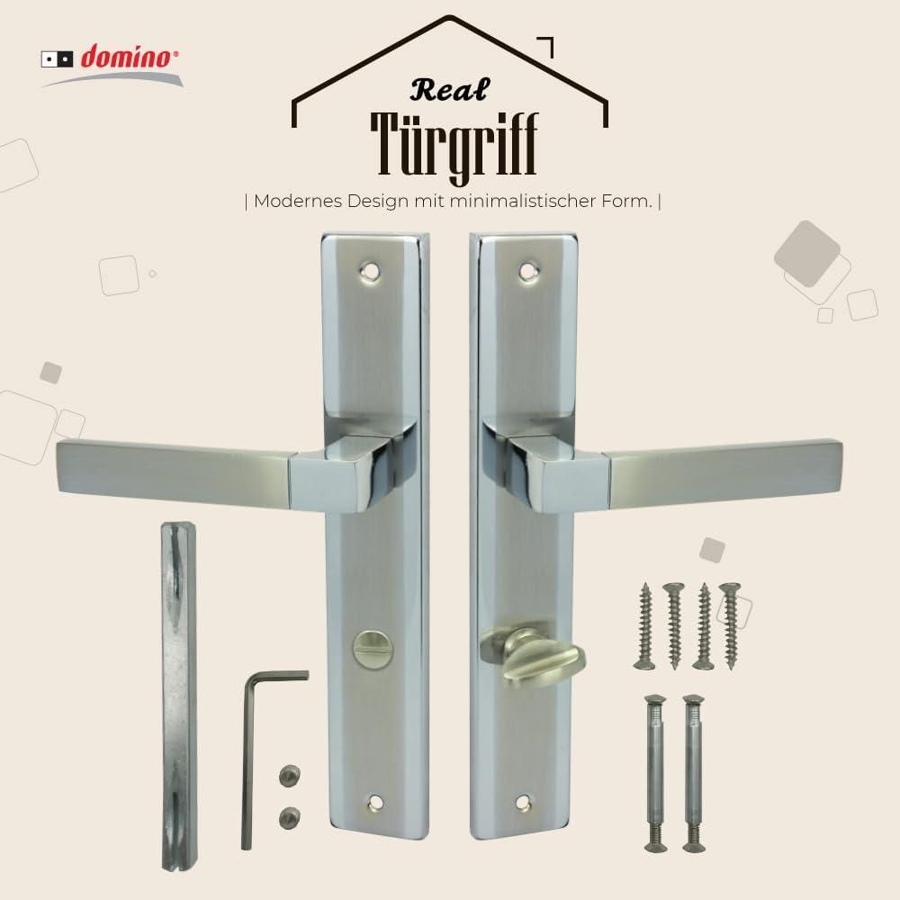 DOMINO Türgriff 78 Drückergarnitur WC - Badezimmer Set | Links & Rechts Türbeschlag für WC/Badezimmertüren | L-Form | Türbeschläge aus Aluminium |Chrom/Nickel Türdrückergarnitur| REAL M6/M9