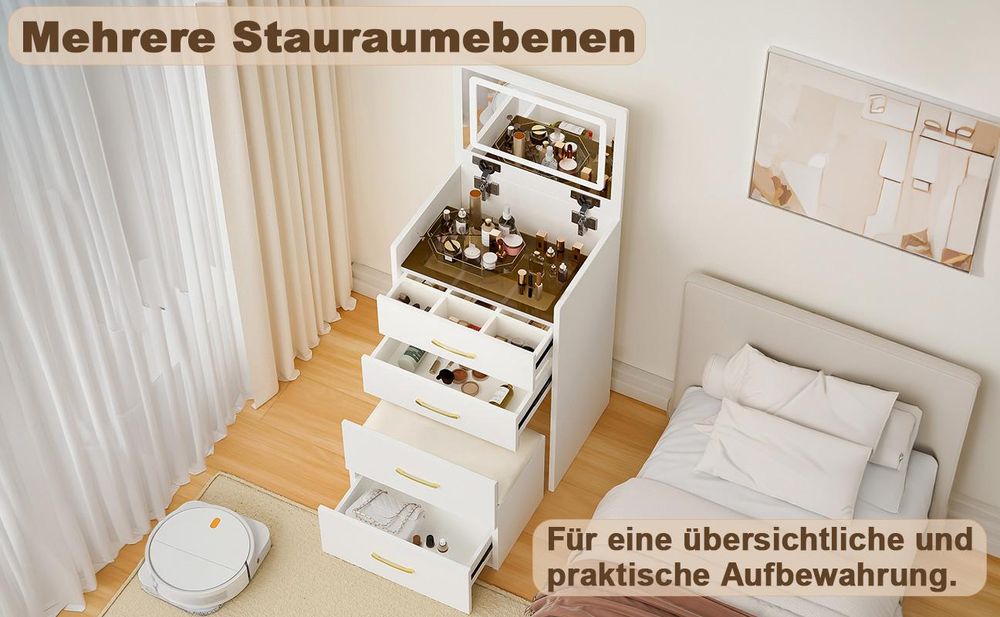 okwish 3-in-1 Schminktisch mit aufklappbarer Spiegel und Hocker,Kosmetiktisch mit 3 Schubladen,Schminkkommode,Viel Stauraum,Weiß