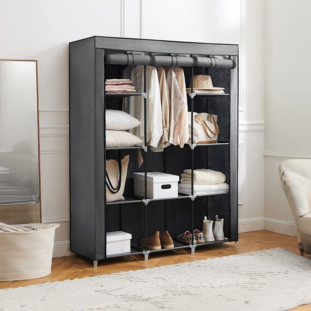 Faltschrank Kleiderschrank aus Stoff mit 2 Kleiderstangen und Ablagen 148x42x172,5 cm Schrank mit Reißverschluss Stoffschrank Faltbar Grau Retoo