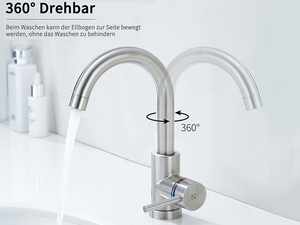 Niederdruck Wasserhahn Bad/Küche Niederdruck Badarmatur 360° Drehbar Badarmatur Küchenwasserhahn aus Edelstahl Spültischarmatur für Kaltwasser und Spüle Boiler