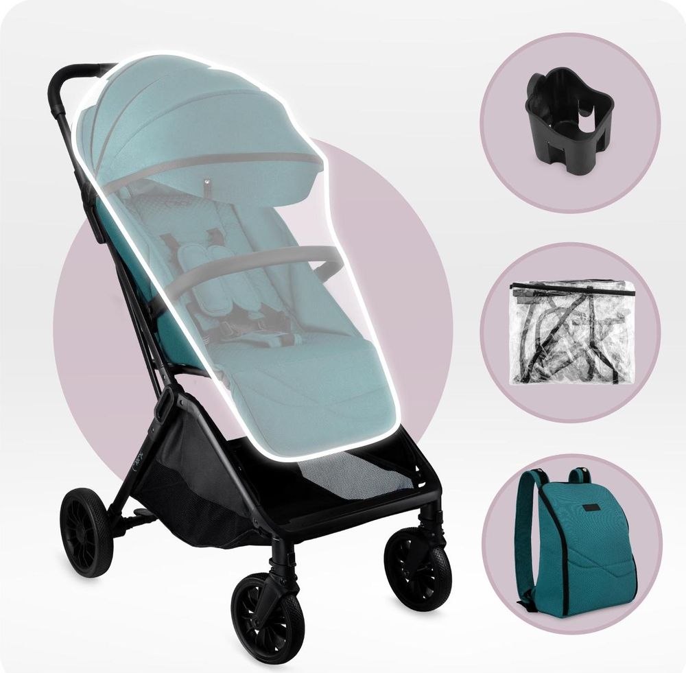 MoMi ANDREA Buggy Kinderwagen bis 22 kg - automatisches Falten - Rucksack, Zubehör - Türkis