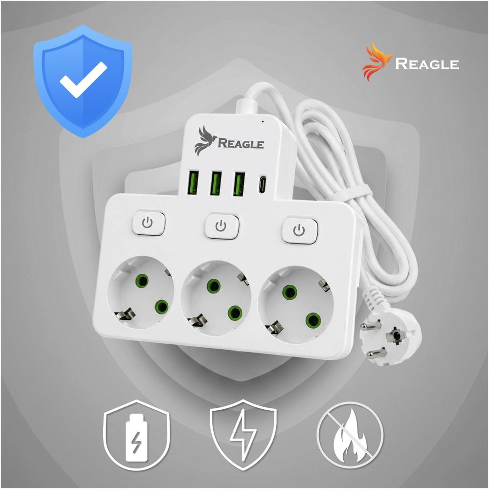 Reagle 3m Steckdosenleiste 3-fach einzeln schaltbar mit 4x USB (3x USB-A, 1x USB-C), Mehrfachsteckdose weiß, Verlängerungskabel 2500W