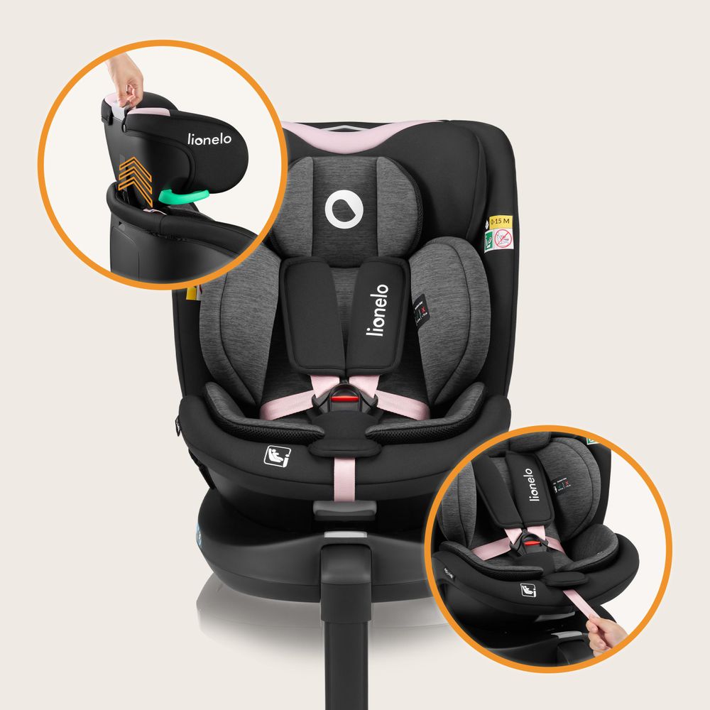 Lionelo Kindersitz Navy i-Size 360° EasyTurn-Drehbasis, 40-150 cm, Montage mit ISOFIX und einem Stützfuß, R129-Norm - Schwarz Rosa