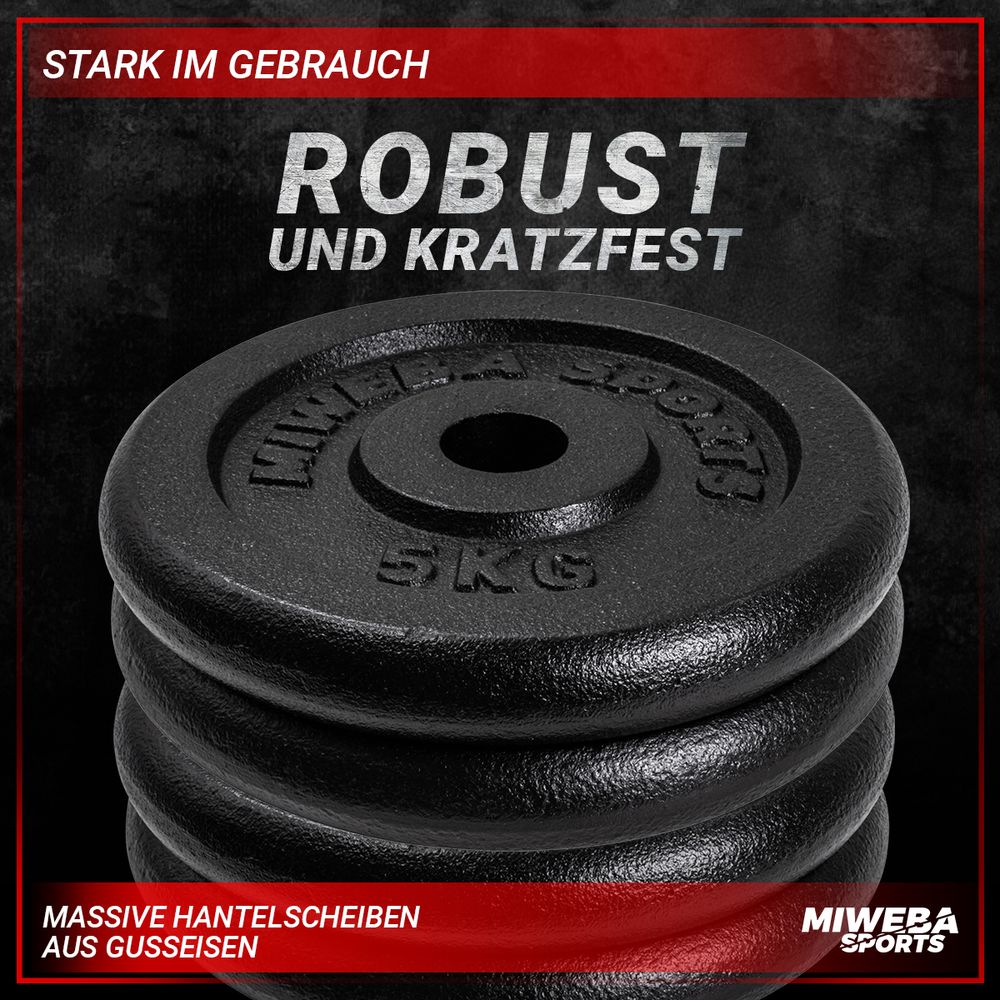 Miweba Sports Hantelscheiben Set | Gusseisen - Hantelgewichte - Gewichtsscheiben - Fitness Scheiben - Gewichte für Hantel - Ø30mm - Schwarz - 4x5 kg