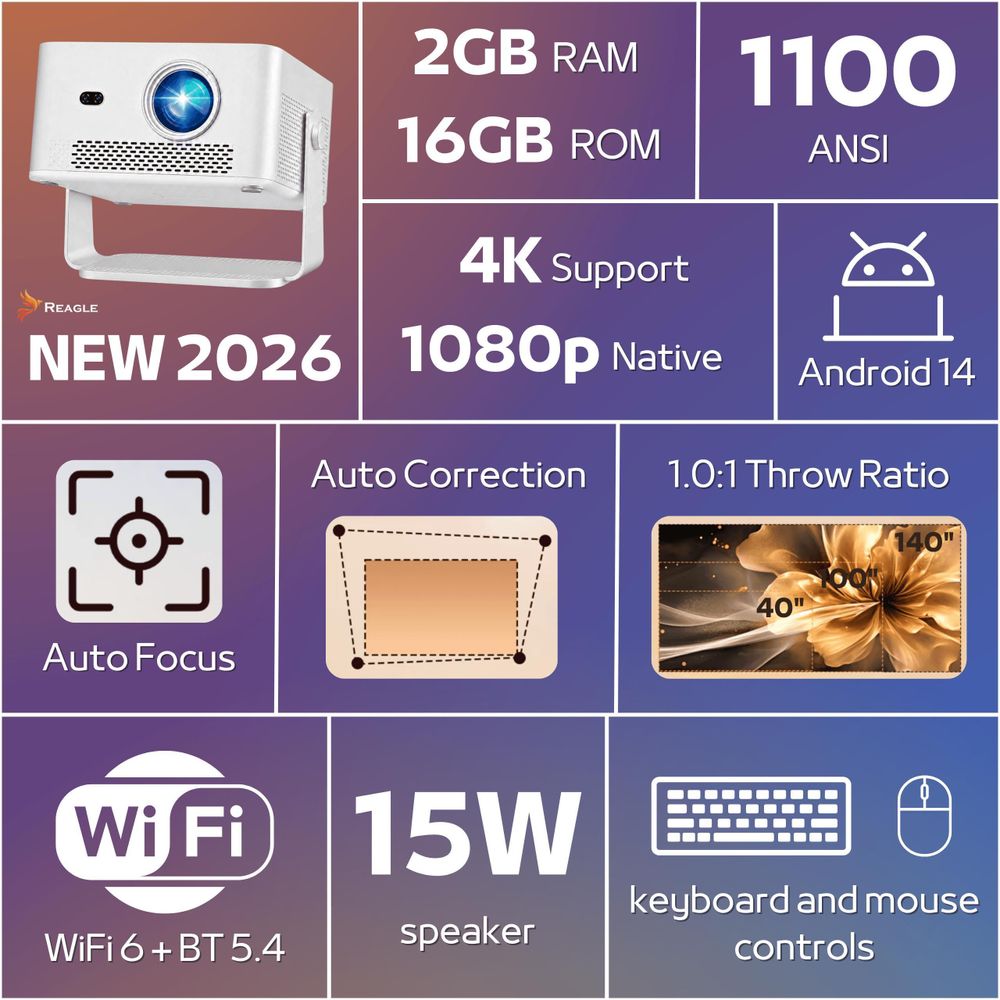 Smart Beamer Android 14 1100 ANSI 4K Full HD 1080P 2GB RAM WLAN 6 Bluetooth 5.4 Autofokus Keystone 140" Heimkino Reagle