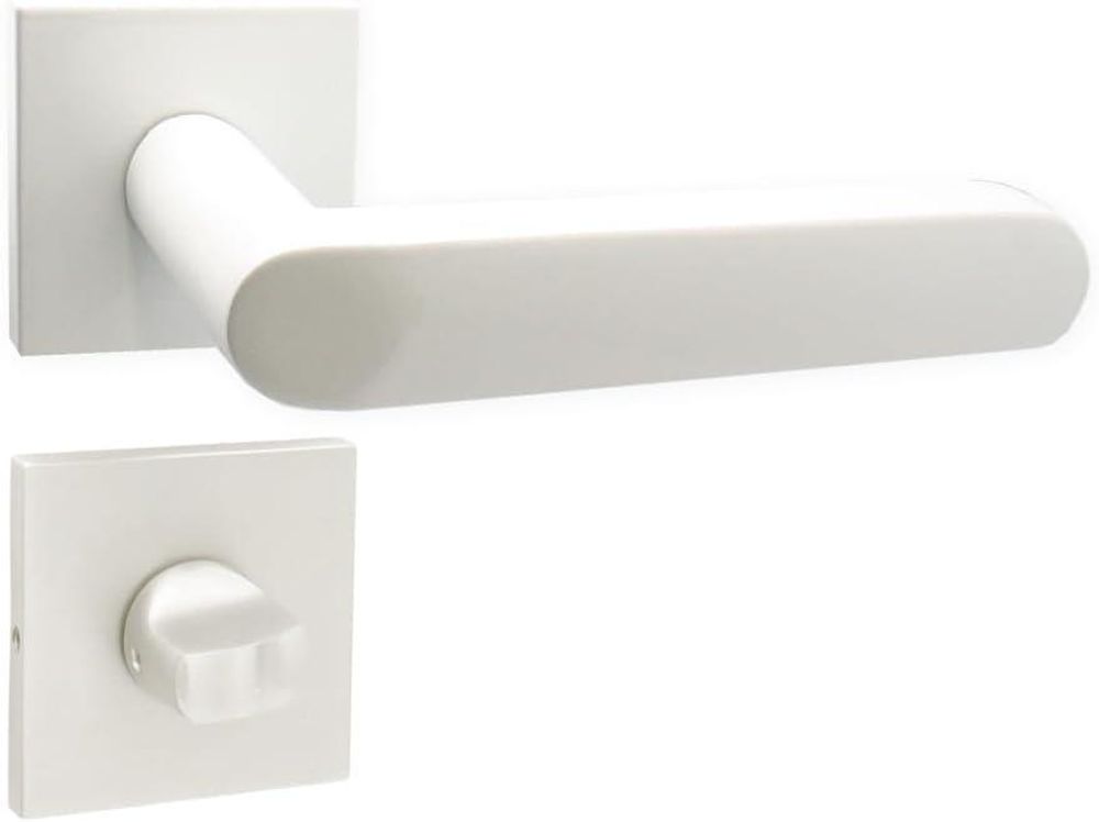 DOMINO Türgriff Drückergarnitur WC - Badezimmer Set | quadratische Rosette | für Badezimmertüren | Set WC - Rosetten-Garnitur | Türbeschläge aus Aluminium  |Weiß Türdrückergarnitur | DENVER-QR SLIM WHITE