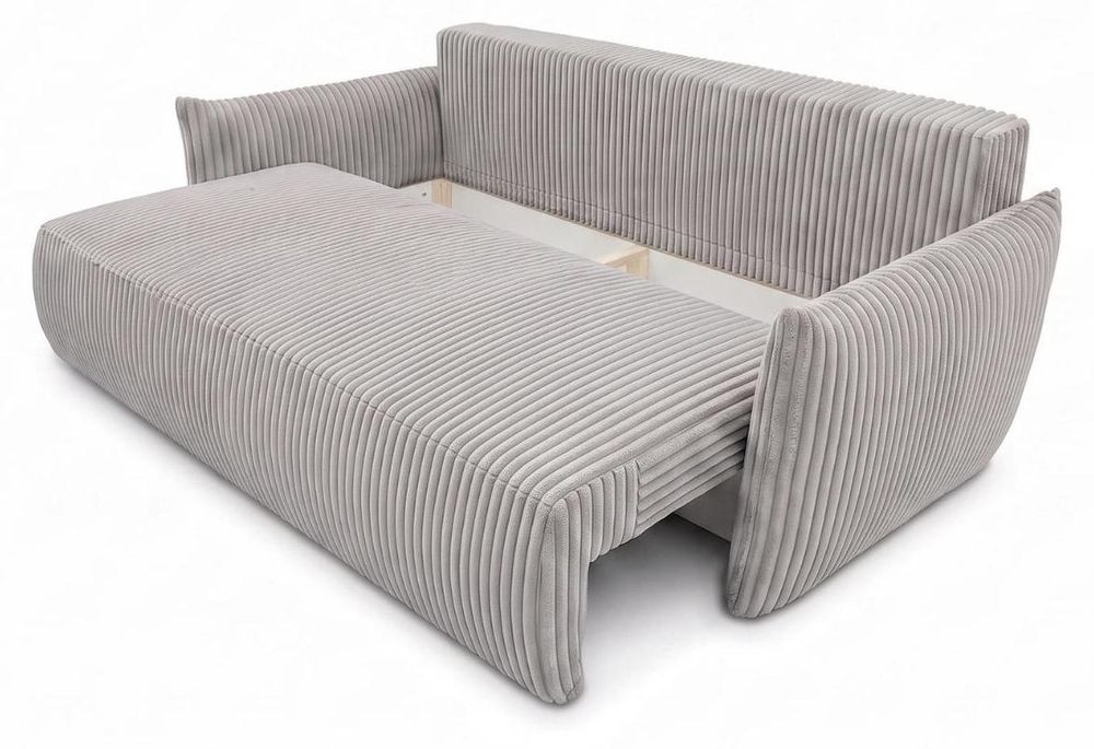 Sofa MELIO mit Schlaffunktion und Bettkasten – modernes Schlafsofa aus Cord für Wohnzimmer und Gästezimmer, bequemes 3-Sitzer Bettsofa, Hellgrau, Grau
