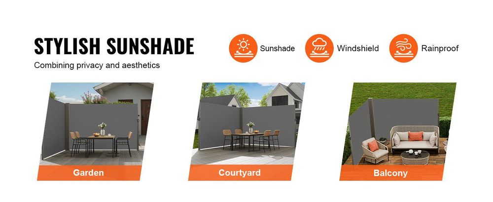 VEVOR Ausziehbare Seitenmarkise, 71''x 236'' Aluminium Außen-Privatsphäre Bildschirm, 280g Polyester Wasserfester Ausziehbarer Terrassenbildschirm, UV 30+ Raumteiler Windschutz für Terrasse, Garten, Balkon, Schwarz, Grau-200x600 cm