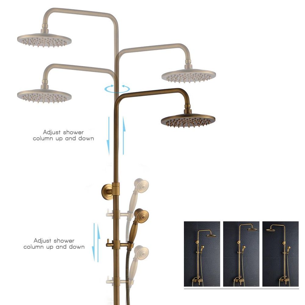 Auralum Duschsystem Antik-Messing, Vollmessing, 2 Funktionen, 20cm Kopfbrause, Höhenverstellbar