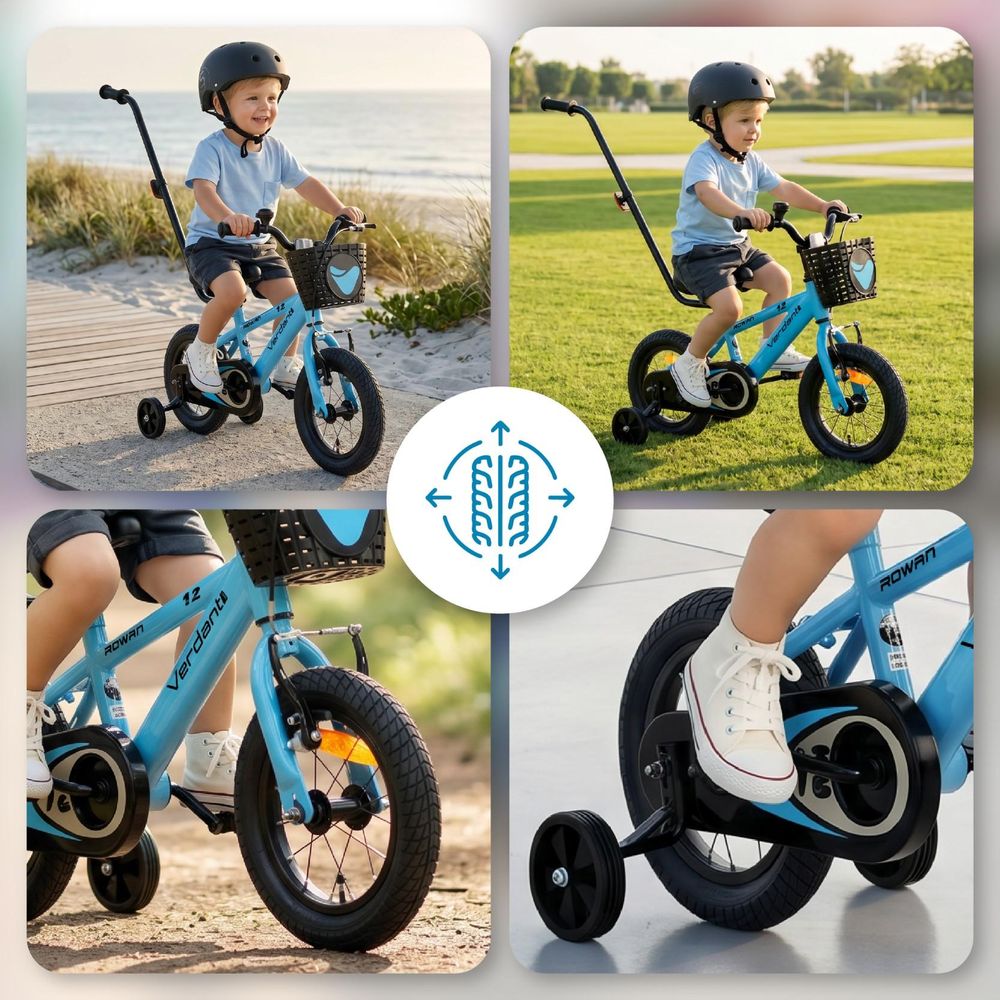 Detailfoto's van kinderfiets met remmen, zijwieltjes en kettingkast