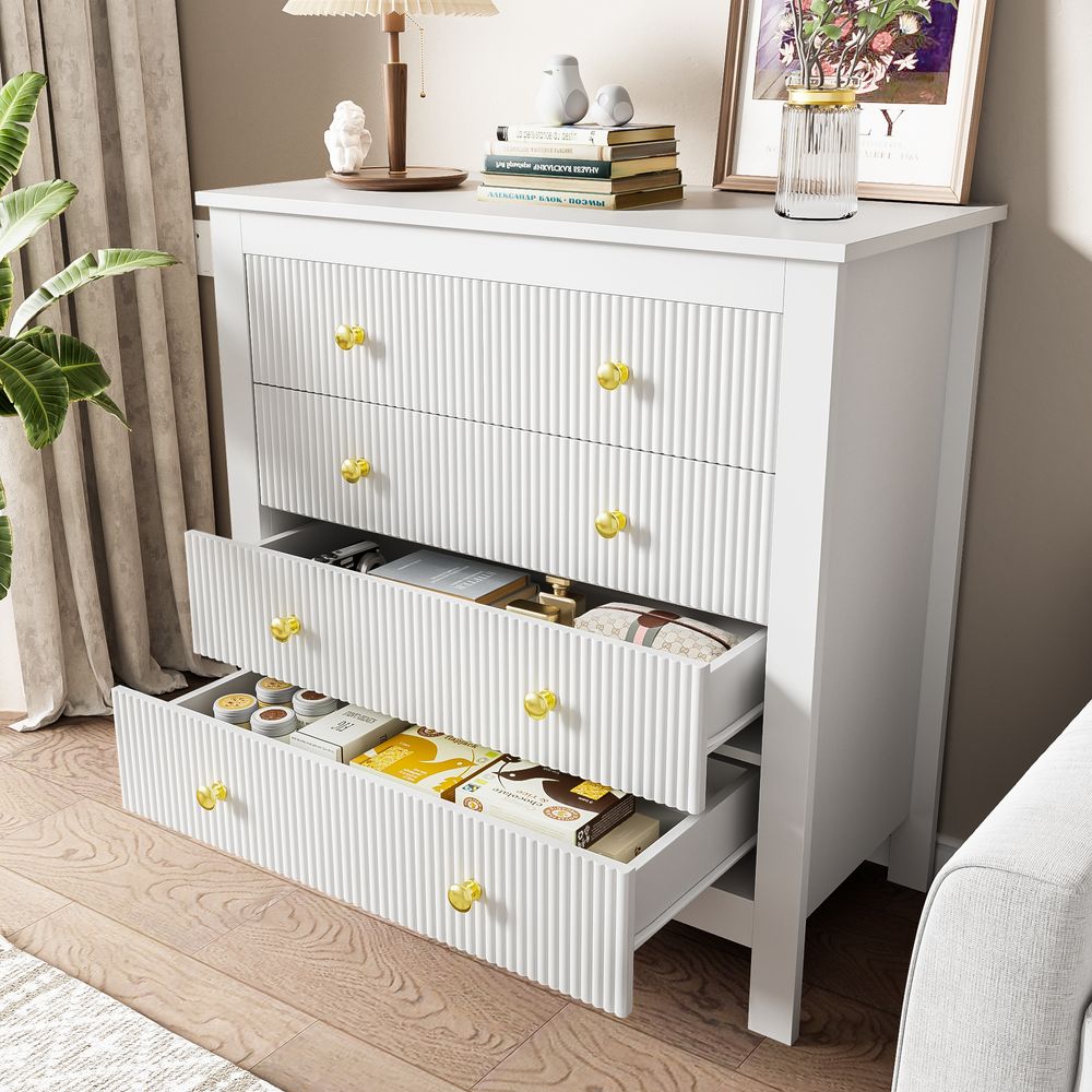 Merax Kommode mit 5 Schubladen, Sideboard mit goldenen Metallgriffe, Schubkastenkommode Wohnzimmerschrank Schuhschrank 79x80.5x39.5cm, Weiß
