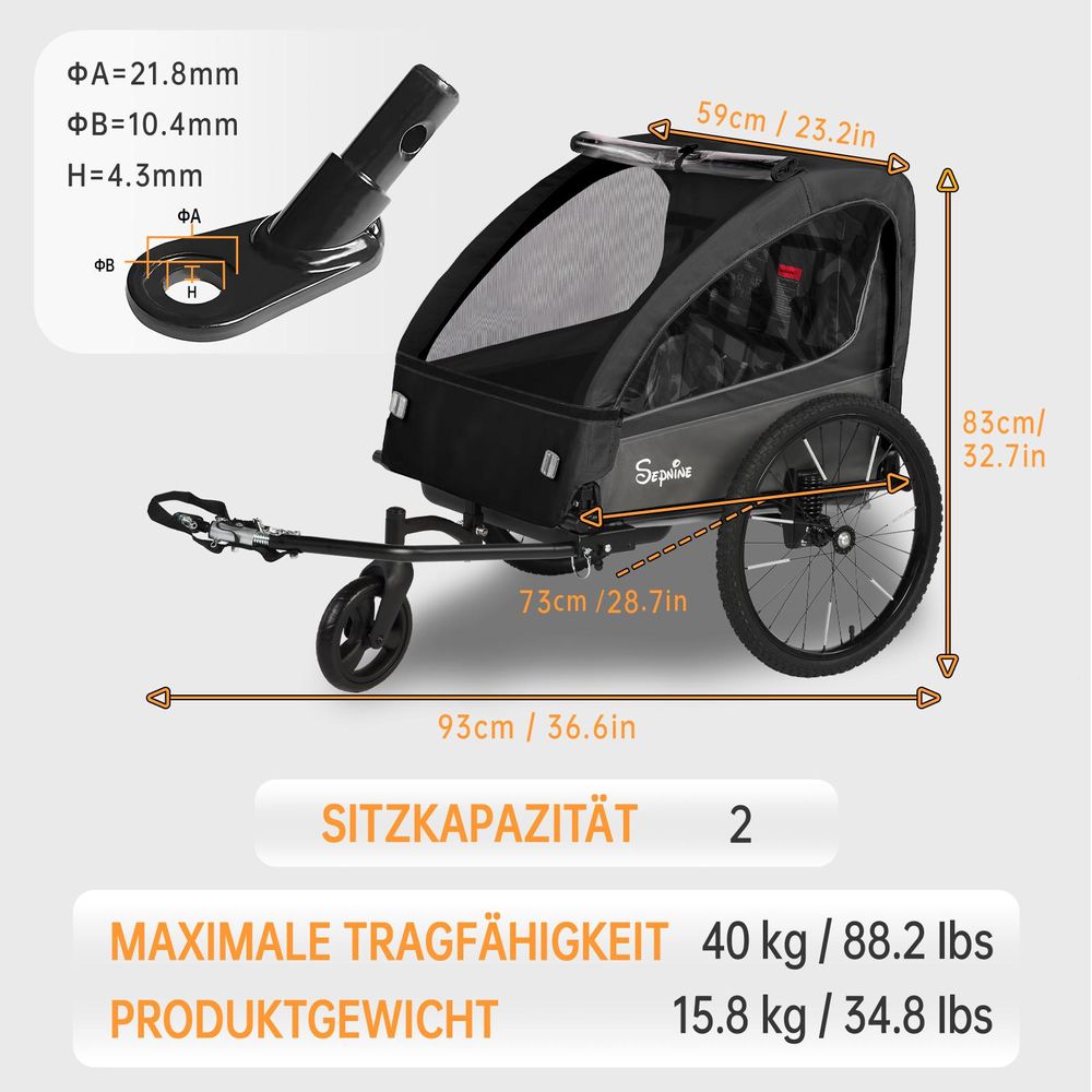 BT920 2‑in‑1 Kinder‑Fahrradanhänger, Aluminium‑Rahmen, 40 kg Tragfähigkeit, für 1‑2 Kinder, Maße: 75 × 28 × 71 cm，Schwarz