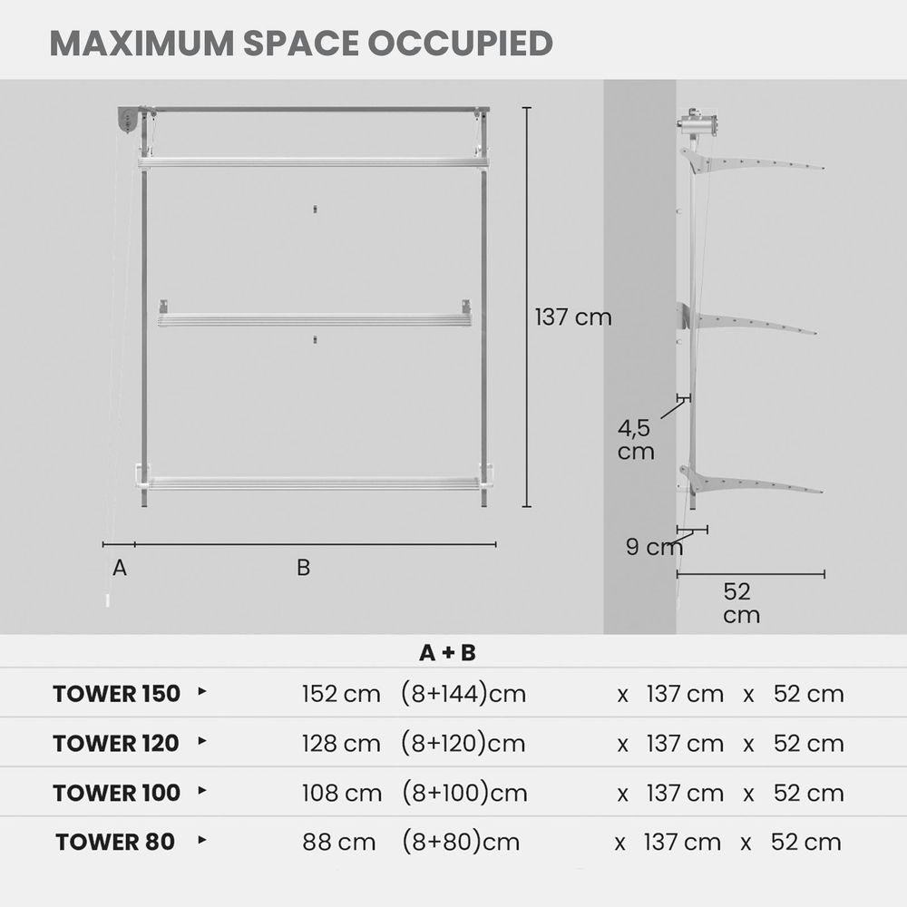 Svislý kůň na prádlo k montáži na stěnu, robustní třístupňový sušák - Foxydry Tower 152 cm Grey