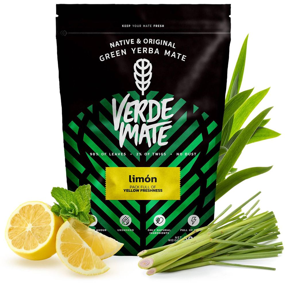 Verde Mate - Mate Tee Set Limon, Energía Guarana 1kg - Dicke Blätter 5mm - Natürliche Energie, Erfrischung - Luftgetrocknet - Yerba Mate Brasilien