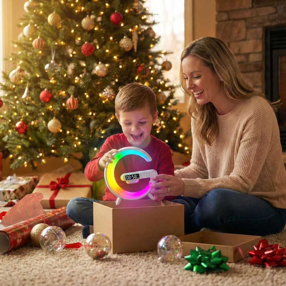 Mutter und Kind öffnen Weihnachtsgeschenk mit bunter G-Lampe vor geschmücktem Baum, Freude