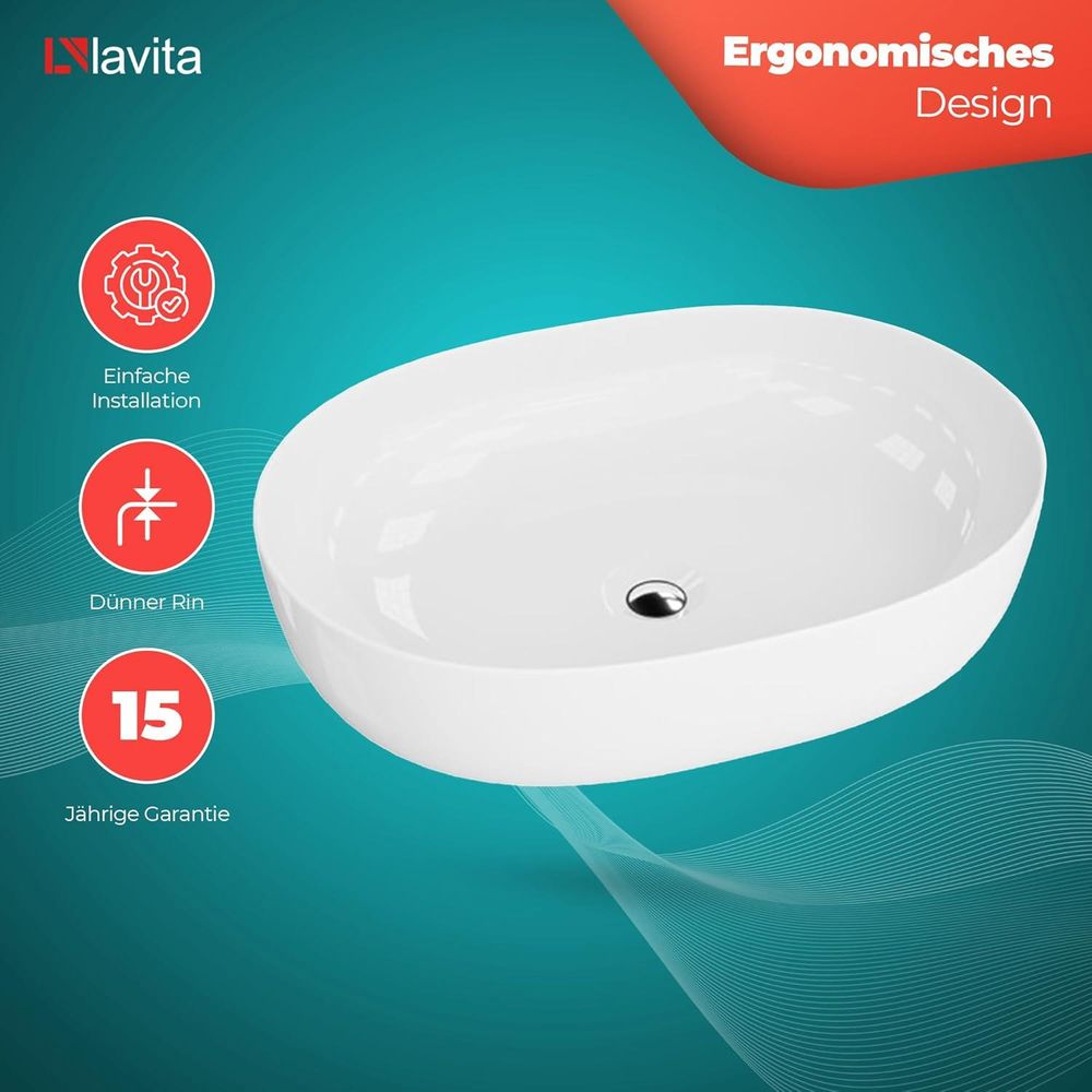 LAVITA Aufsatzwaschtisch Blas | Aufsatzwaschbecken Oval | Waschbecken ohne Überlauf und Hahnloch | Aus hochwertigem Porzellan | Waschtisch | 59,5x43x13,5 cm | Weiß