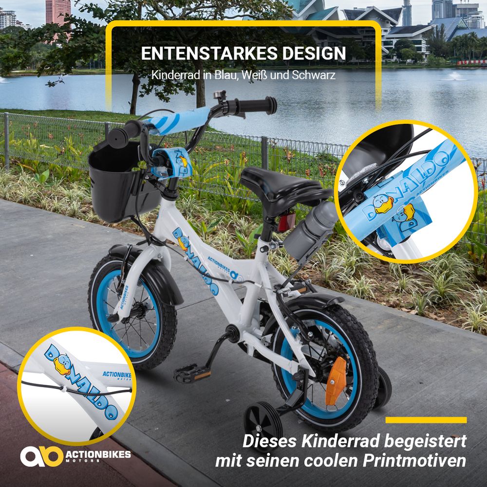 Actionbikes Kinderfahrrad Donaldo 12 Zoll | Kinder Fahrrad - V-Brake Bremsen - Kettenschutz - Fahrradständer - Fahrradkorb - 2-5 Jahre (Blau/Weiß)
