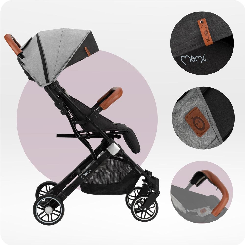 MoMi ESTELLE – Ultraleichter Baby Kompaktbuggy 7,7 kg mit Einhand-Faltung, Trolley-Funktion & Liegeposition, ideal für Reisen – Grau/Schwarz