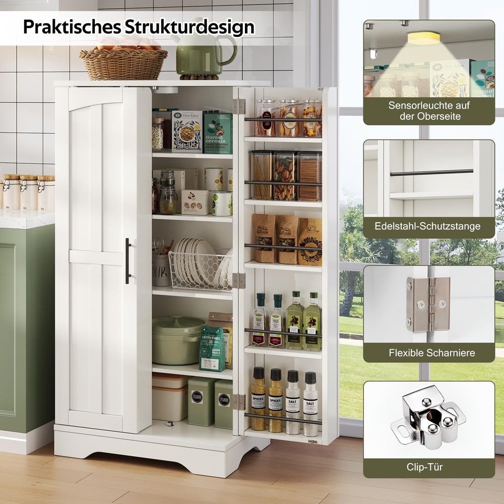 Flieks 2-türiger Küche Hochschrank mit LED, Schrank mit verstellbaren Regalböden & Türablagen, Küchenschrank Aufbewahrungsschrank 60x40x120 cm, Weiß