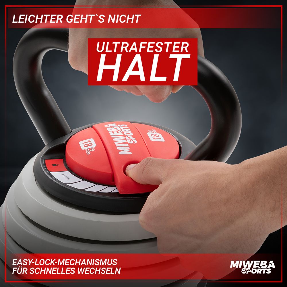 Miweba Sports Kettlebell KB300 | Kugel Hantel verstellbar - 3,4 bis 18 kg - 6 Stufen - Easy-Lock - Weichgummiboden - Anti-Rutsch-Griff - platzsparend