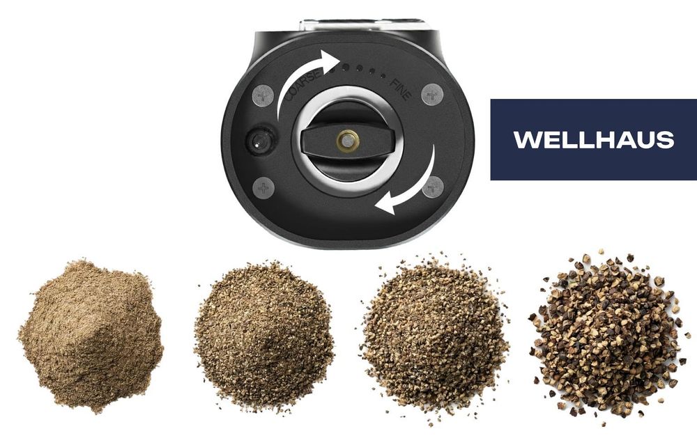 WELLHAUS Salz und Pfeffermühle Elektrisch - 2er Set Batteriebetriebenen Elektrische Mühle mit Basis Gewürzmühle & Salzmühle