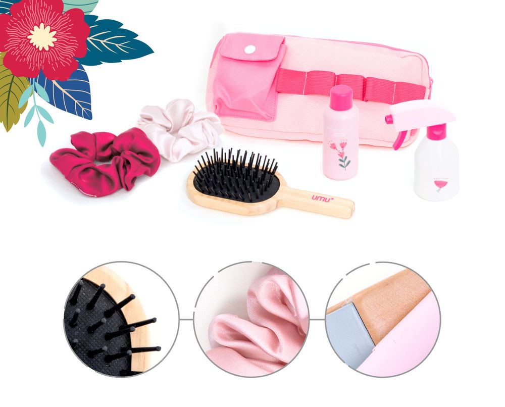 Holz-Friseurzubehör, textiler Gürtel, Umhang und Haargummis im UMU Little Woman Set