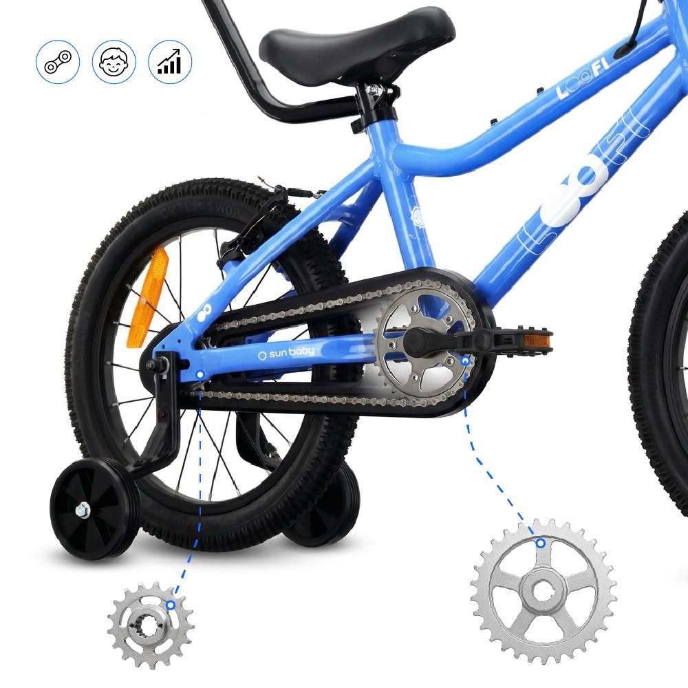Vélo pour enfants SUN BABY LOOFI 16 pouces, vélo léger en aluminium de 6,9 kg pour les enfants à partir de 4 ans, avec roues stabilisatrices, panier et sonnette, pour garçons et filles