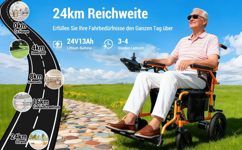 Elektrorollstuhl faltbar, leichter Faltrollstuhl mit Joystick, Armlehnen, Fußstützen, Sicherheitsgurt, für Erwachsene, Zuhause und Pflege