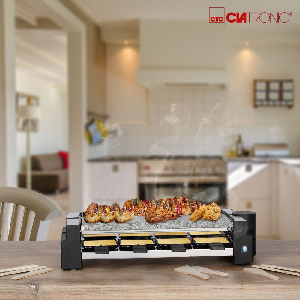 Clatronic Raclette Grill mit heißem Stein RG 3678 schwarz / Wendegussplatte / Partyspaß / Festtage / inkl. Pfännchen und Holzspachtel