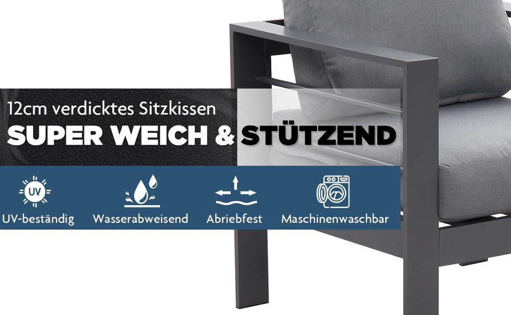 MeXo Gartenmöbelset, Loungeset Aluminium für 6-7 Personen mit Kissen und Couchtisch Indoor Outdoor Balkon grau (Sitzgruppe, Aluminiumrahmen)