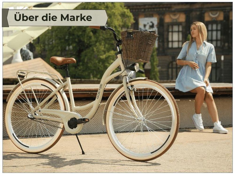 Goetze Style 28 Zoll City Bike, 46 cm Tiefeinsteiger, 1-Gang mit Rücktrittbremse hinten & V-Bremse vorne, LED-Beleuchtung, Rattankorb mit Bezug