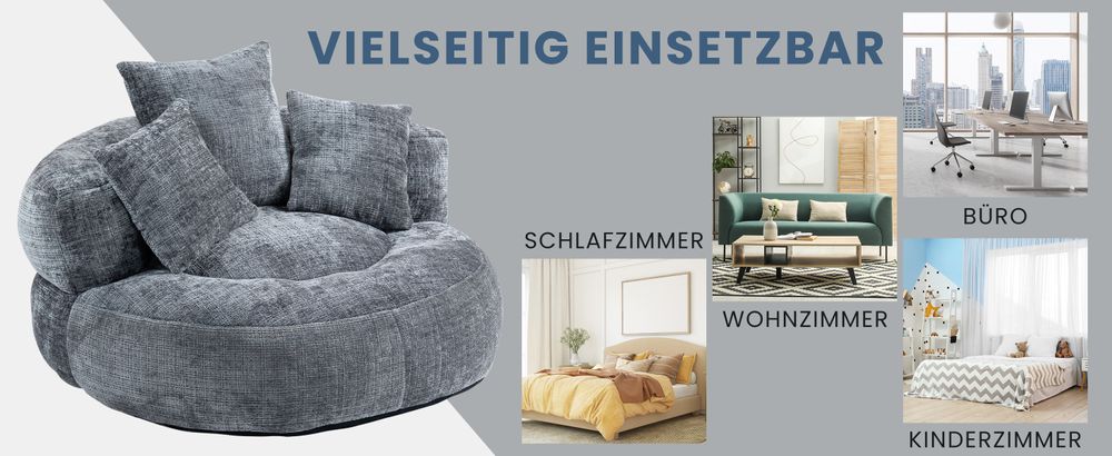 MODFU Doppel-Sitzsack Schlafsofa mit 3 Kissen & gepolsterten Schaumstoffpolsterung,Relaxsessel Extrabreit Sitzsacksofa Posterstuhl,108×108×52cm,Grau