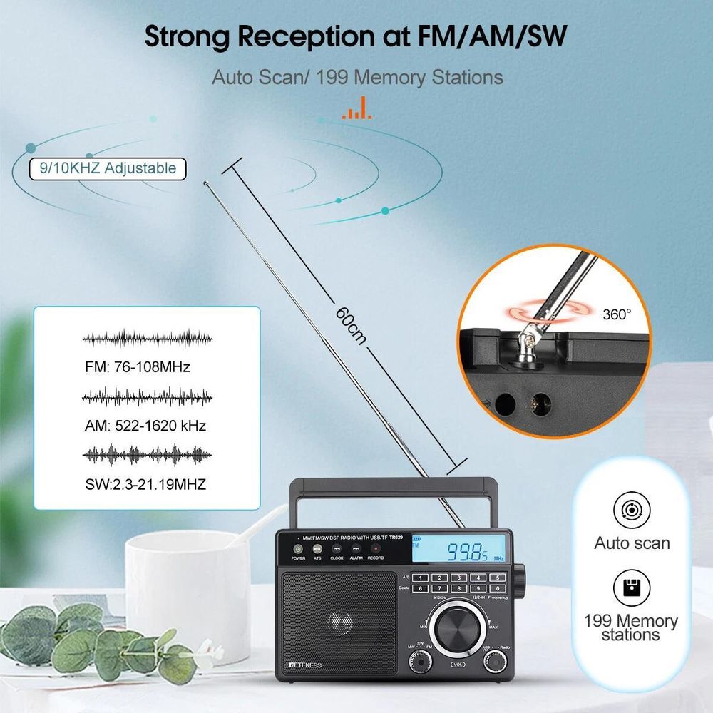 Retekess TR629 Tragbares Radio, AM FM SW Weltempfänger Notfallradiomit DSP, Unterstützt U Disk/SD-Karte, Uhr, Wecker, Radio Batteriebetrieben, Geschenke für ältere Menschen
