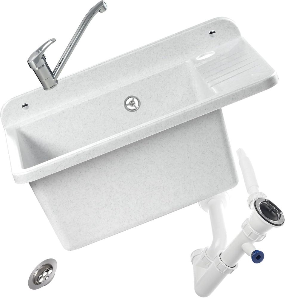GOSPO Ausgussbecken "Tornio",Spülbecken mit Mischbatterie, Waschbecken 50cm, Weiß